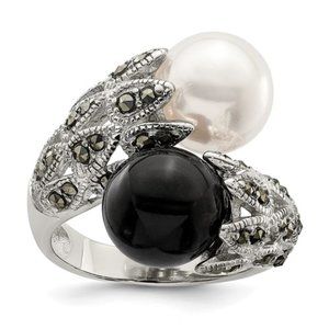 925 Sterling Silver Black and White Faux Pearl and Marcasite Bypass Ring 6/7/8
